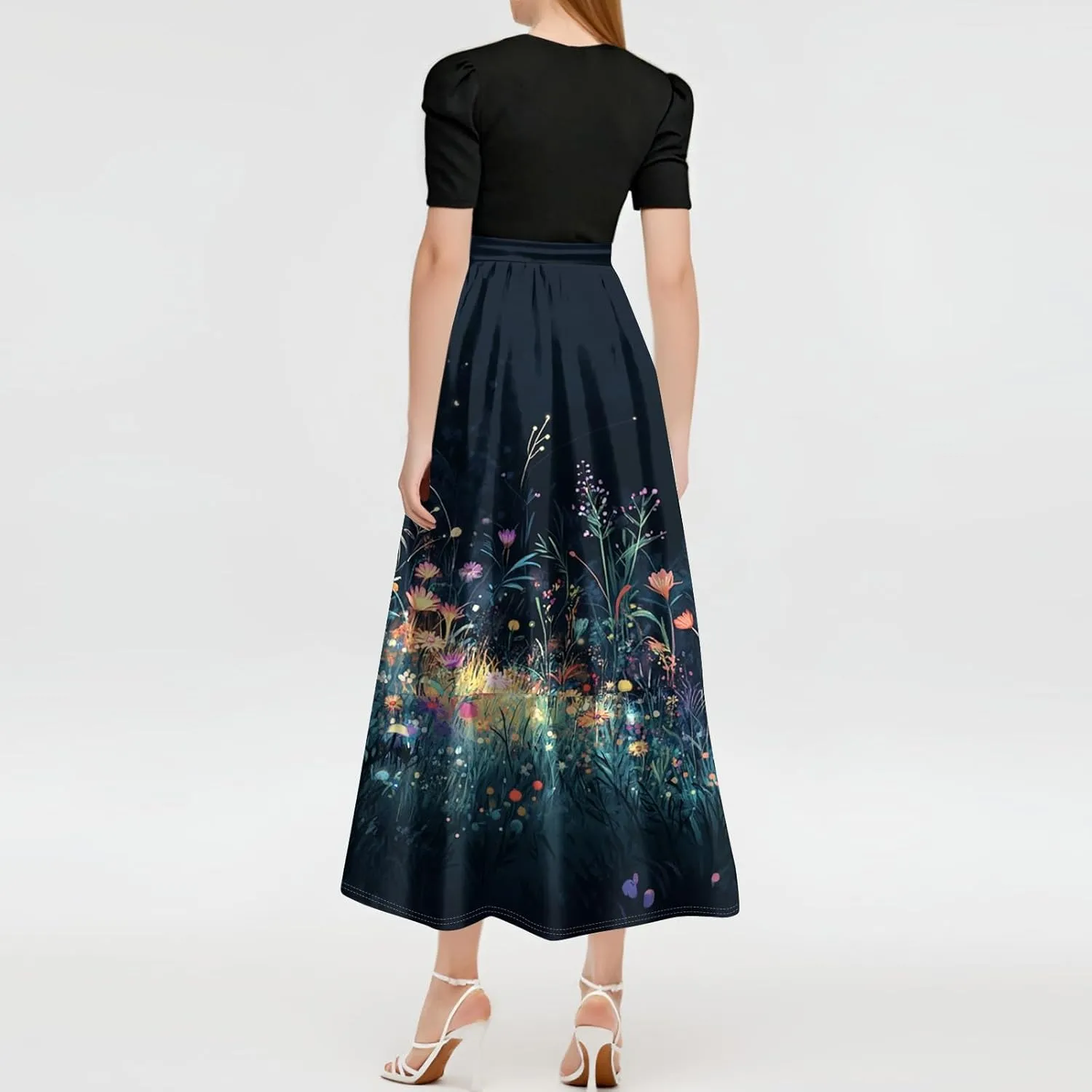 Floral Wedding Guest Dresses for Women- Y2k Tie Puff Short Sleeve Maxi Dress Flowy Patchwork Ruffle Hem Modest Dresses