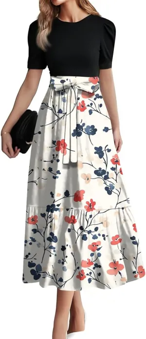 Floral Wedding Guest Dresses for Women- Y2k Tie Puff Short Sleeve Maxi Dress Flowy Patchwork Ruffle Hem Modest Dresses