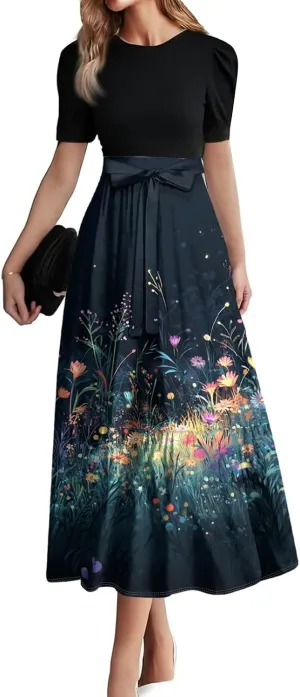 Floral Wedding Guest Dresses for Women- Y2k Tie Puff Short Sleeve Maxi Dress Flowy Patchwork Ruffle Hem Modest Dresses