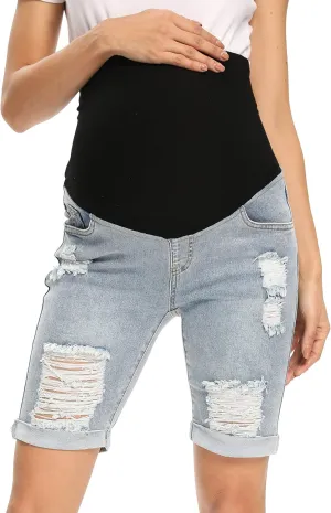 Foucome Women's Materntiy Denim Shorts Over The Belly Comfy Stretch Bermuda Jean Shorts