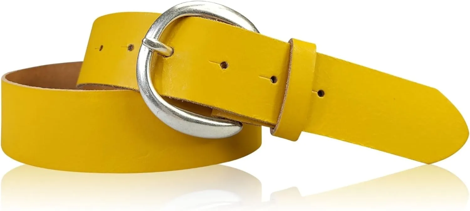 Genuine Leather Belt with Round Silver Buckle 1.6 inches