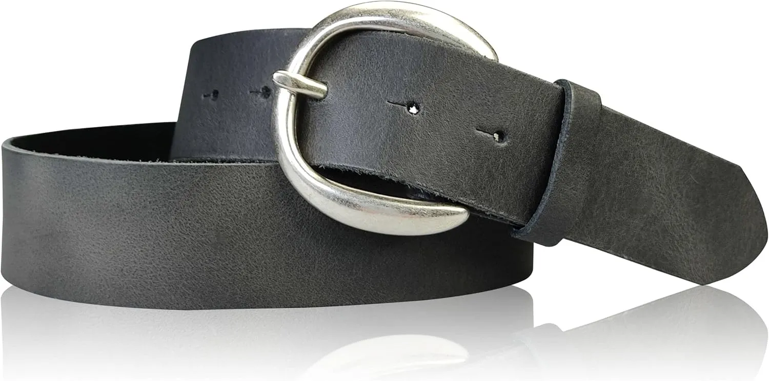 Genuine Leather Belt with Round Silver Buckle 1.6 inches