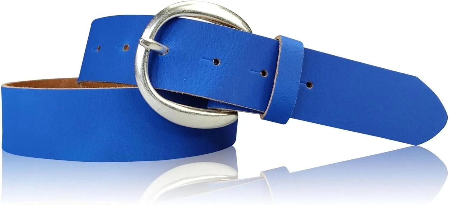 Genuine Leather Belt with Round Silver Buckle 1.6 inches