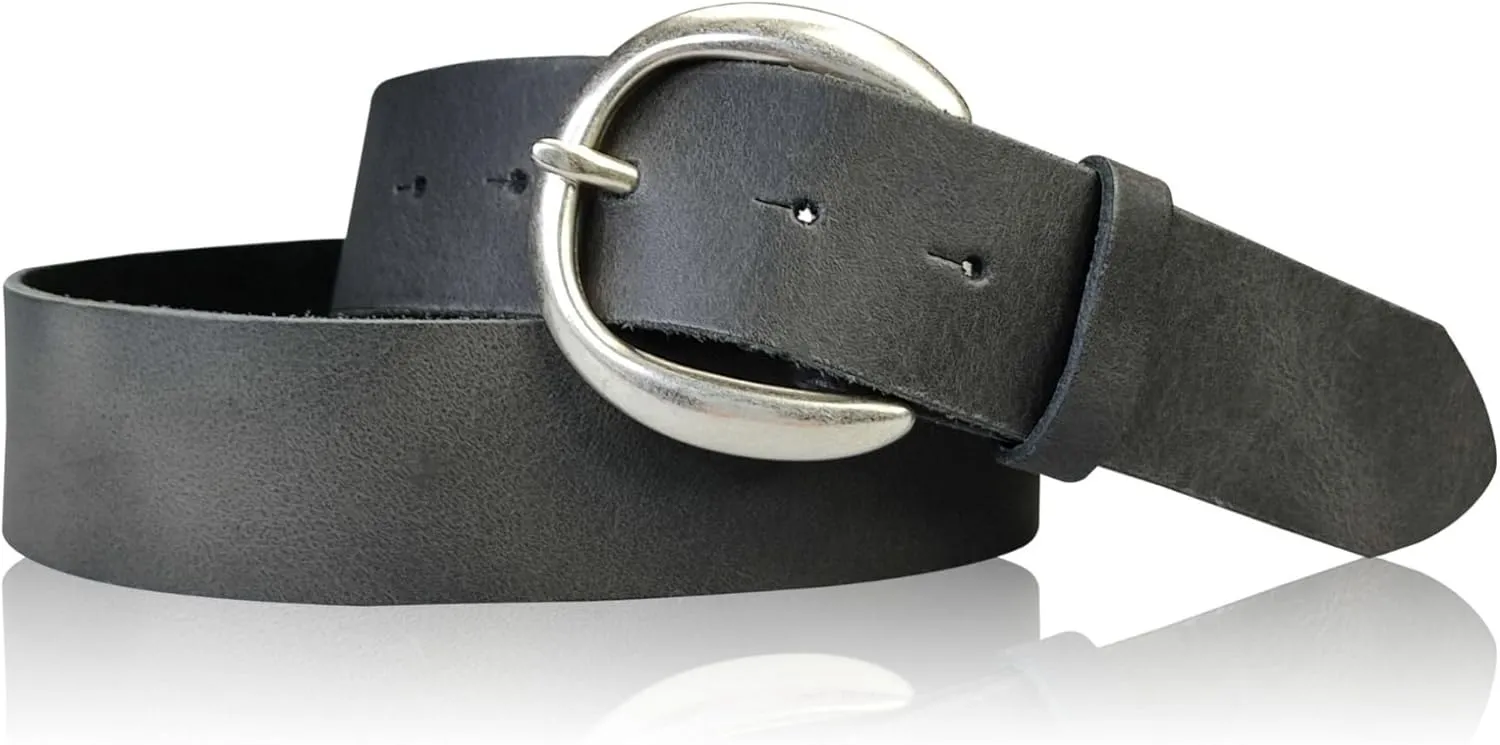 Genuine Leather Belt with Round Silver Buckle 1.6 inches
