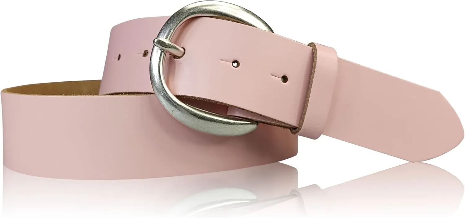 Genuine Leather Belt with Round Silver Buckle 1.6 inches