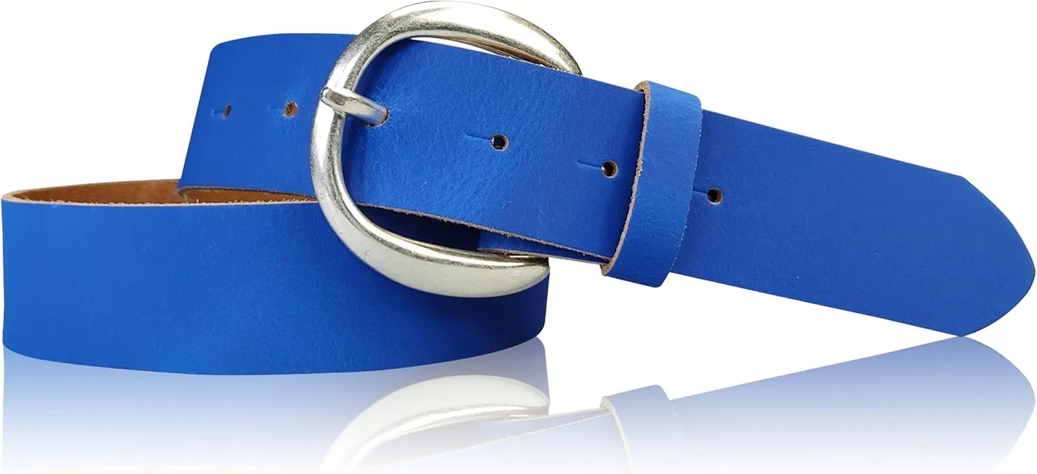 Genuine Leather Belt with Round Silver Buckle 1.6 inches