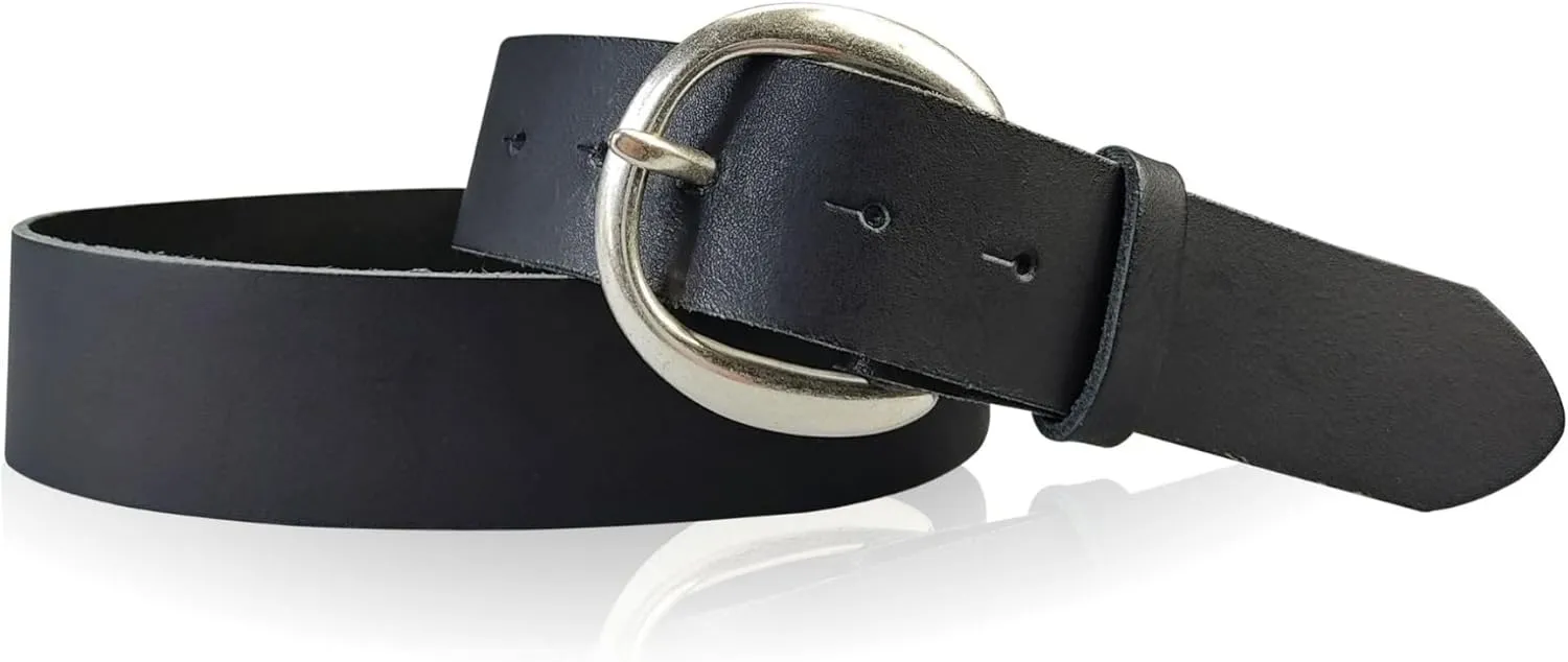 Genuine Leather Belt with Round Silver Buckle 1.6 inches