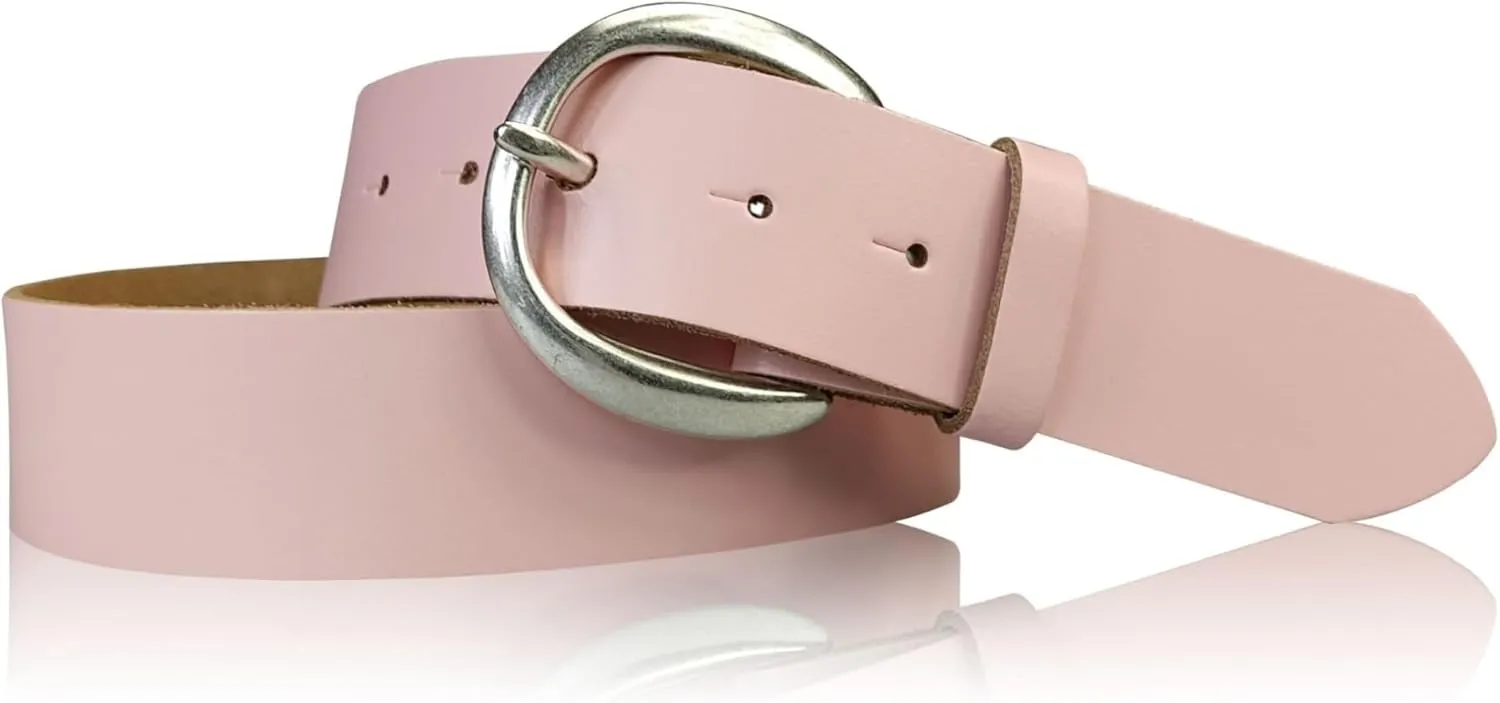 Genuine Leather Belt with Round Silver Buckle 1.6 inches