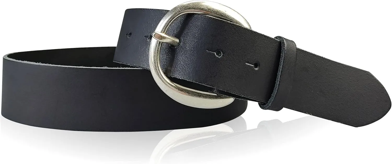 Genuine Leather Belt with Round Silver Buckle 1.6 inches