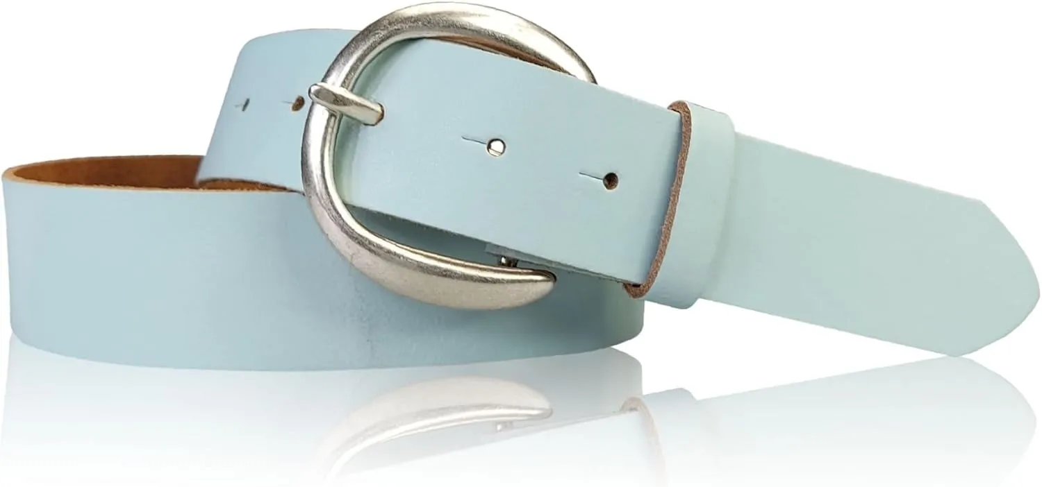 Genuine Leather Belt with Round Silver Buckle 1.6 inches