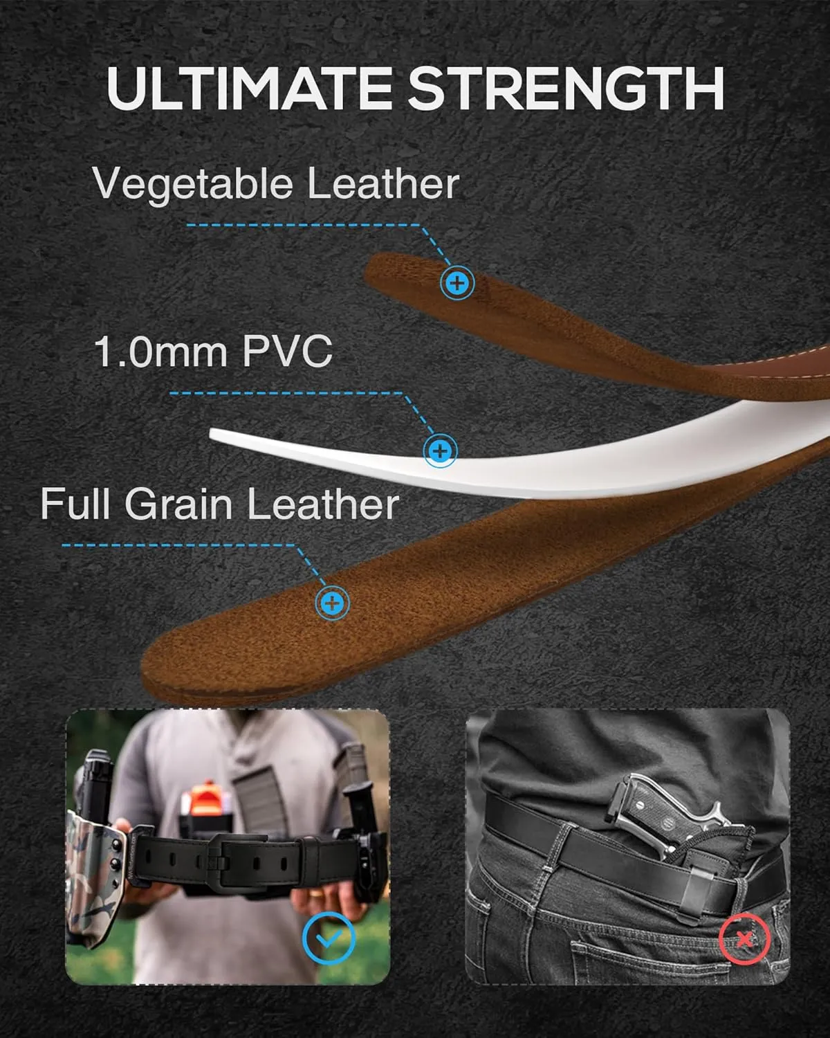 Genuine Leather Gun Belt for Men Concealed Carry - 1.5" Width with 1mm Core Heavy Duty Work Belt for CCW Carry