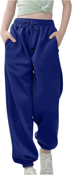 Girls Baggy Sweatpants for Teen Wide Leg Pants Pockets Sport Joggers Solid Loose Elastic Waist Pull On Trousers
