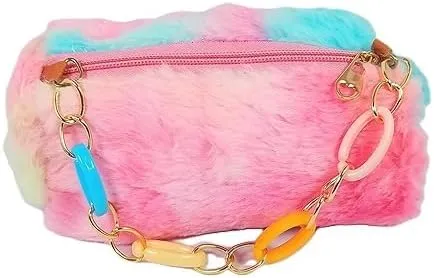 Girls' Plush Fur Sling Bag, Multicolor Rainbow with Chain Strap, Mini Shoulder Purse