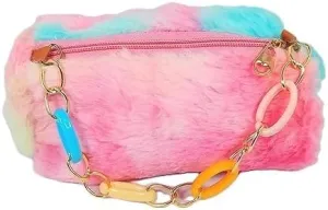 Girls' Plush Fur Sling Bag, Multicolor Rainbow with Chain Strap, Mini Shoulder Purse