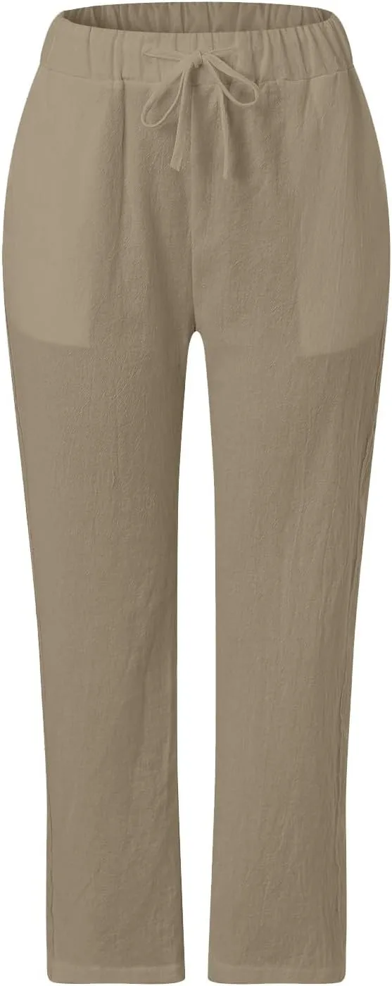 GOKKILRW Womens Linen Beach Capris Lounge Cropped Pant Boho Vacation Palazzo Pants Elastic Waist Lightweight Causal Joggers