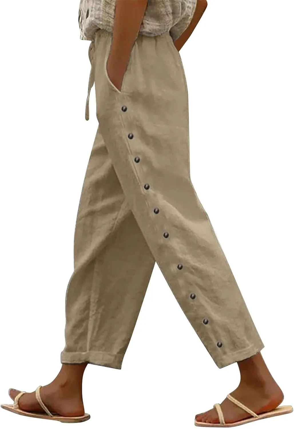 GOKKILRW Womens Linen Beach Capris Lounge Cropped Pant Boho Vacation Palazzo Pants Elastic Waist Lightweight Causal Joggers