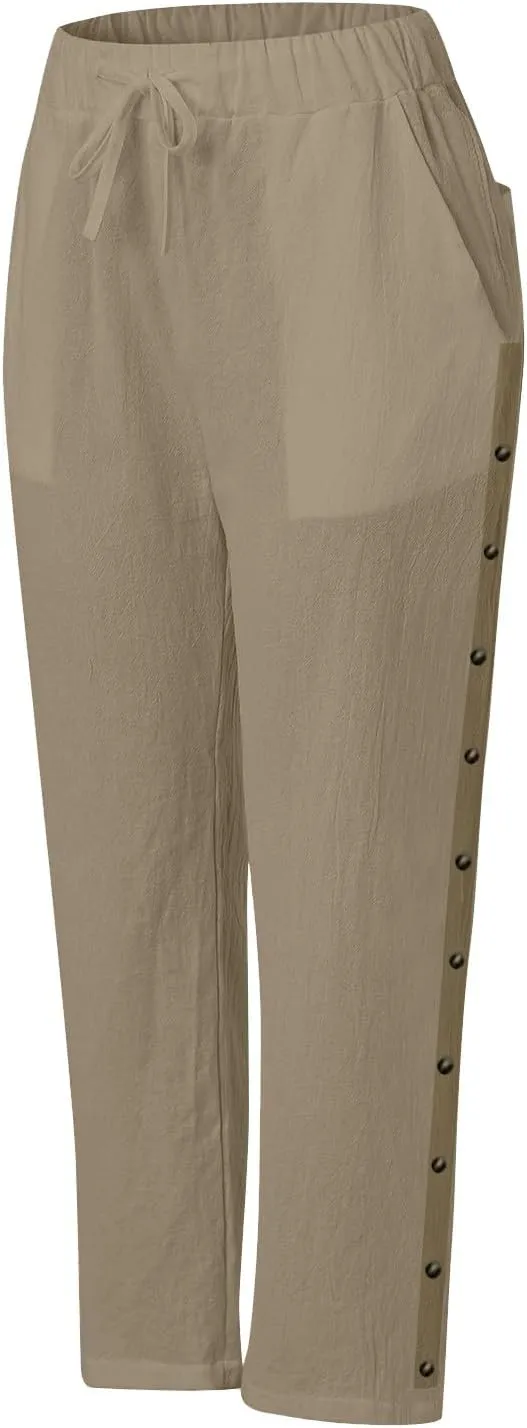 GOKKILRW Womens Linen Beach Capris Lounge Cropped Pant Boho Vacation Palazzo Pants Elastic Waist Lightweight Causal Joggers