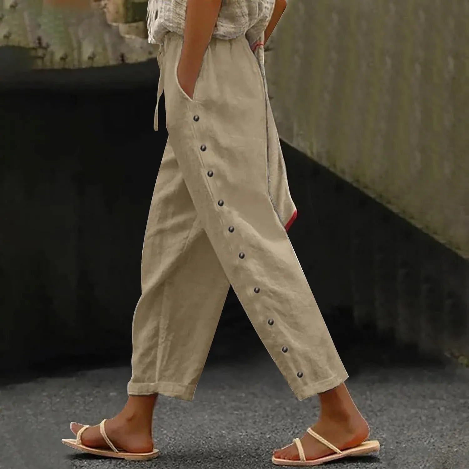 GOKKILRW Womens Linen Beach Capris Lounge Cropped Pant Boho Vacation Palazzo Pants Elastic Waist Lightweight Causal Joggers