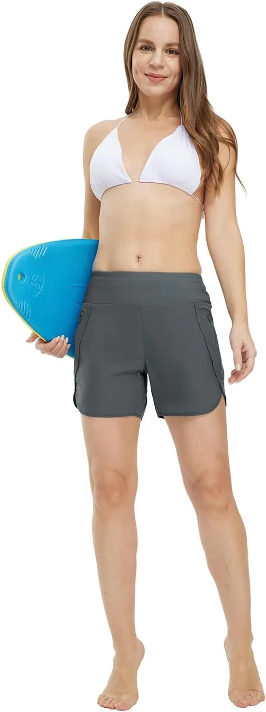 Gopune Women's 5" High Waisted Swim Board Shorts with Zipper Pockets UPF 50  Quick Dry Beach Trunks with Liner