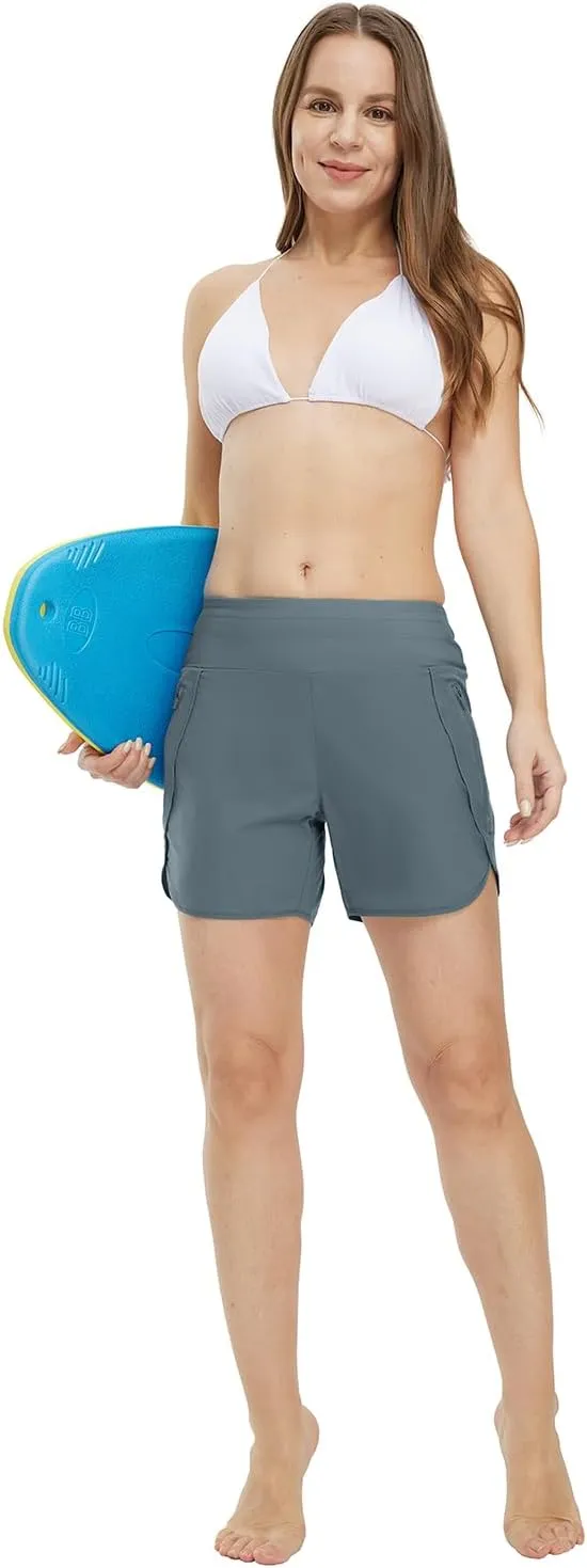Gopune Women's 5" High Waisted Swim Board Shorts with Zipper Pockets UPF 50  Quick Dry Beach Trunks with Liner