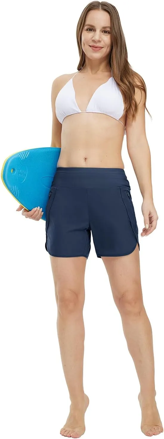 Gopune Women's 5" High Waisted Swim Board Shorts with Zipper Pockets UPF 50  Quick Dry Beach Trunks with Liner