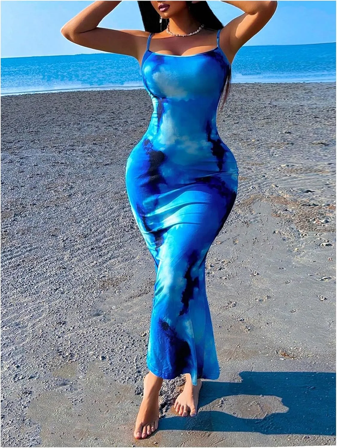 GORGLITTER Women's Tie Dye Maxi Bodycon Dress Blue Sleeveless Slip Summer Vacation Dresses