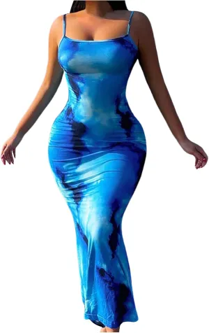 GORGLITTER Women's Tie Dye Maxi Bodycon Dress Blue Sleeveless Slip Summer Vacation Dresses