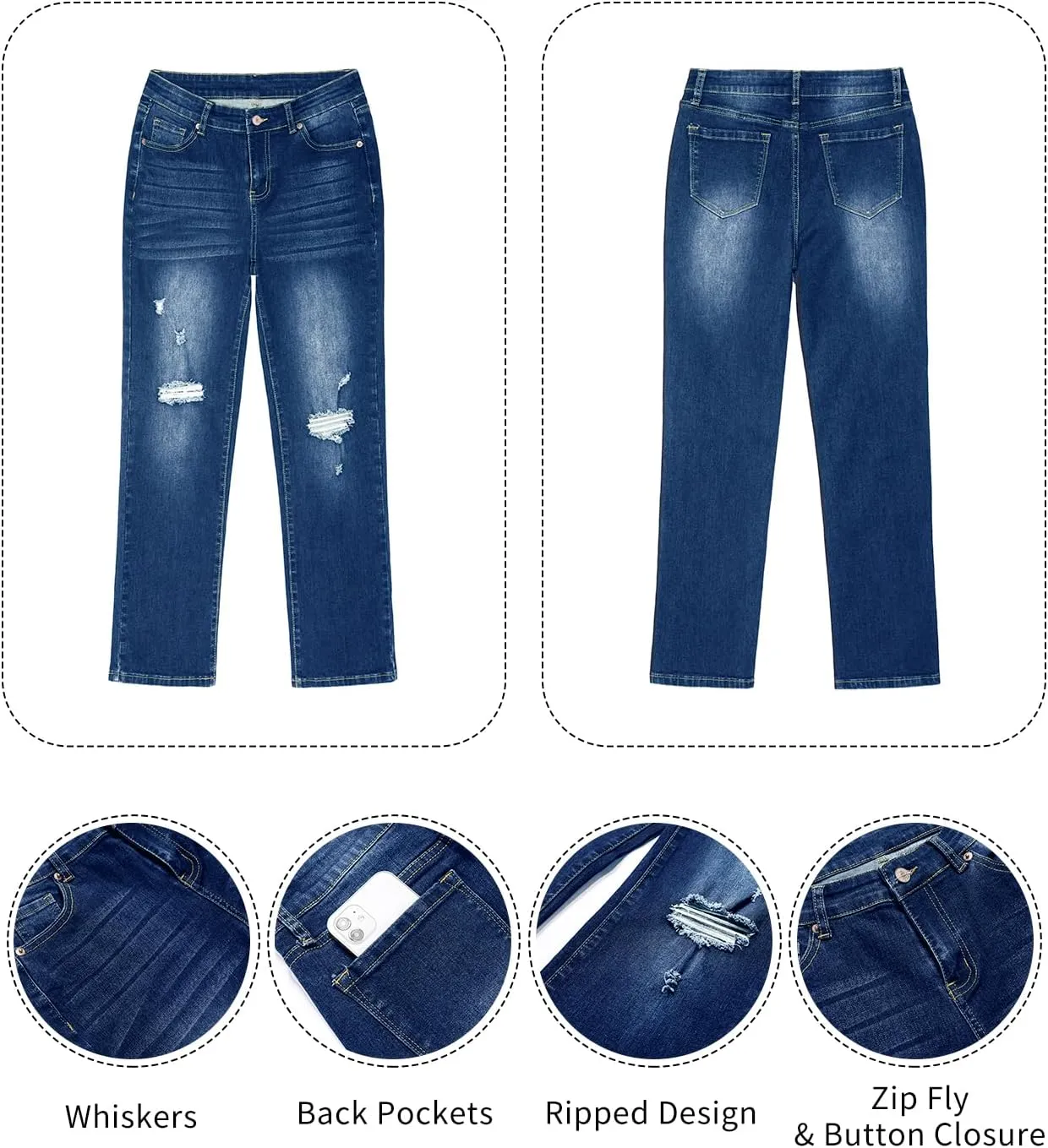 GRAPENT Jeans for Women High Waisted Distressed Straight Leg Ripped Jeans Stretchy Denim Pants Western Outfit 90s