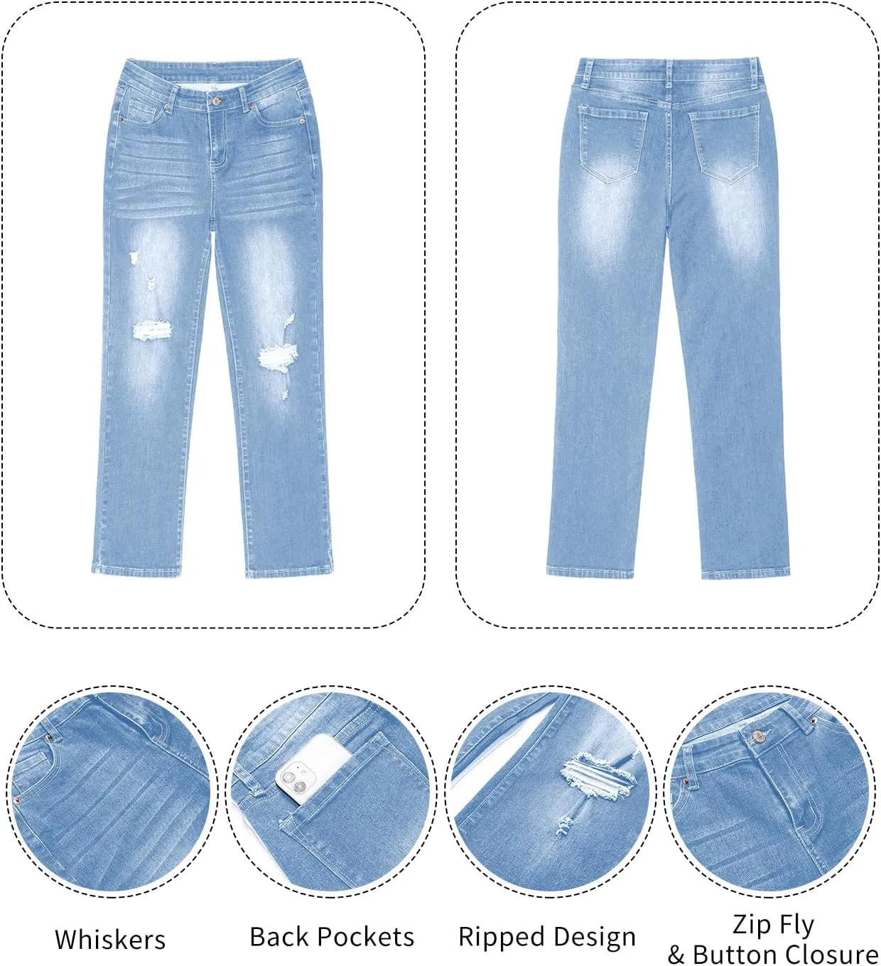 GRAPENT Jeans for Women High Waisted Distressed Straight Leg Ripped Jeans Stretchy Denim Pants Western Outfit 90s
