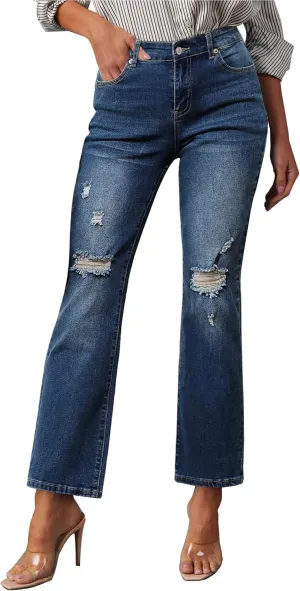 GRAPENT Jeans for Women High Waisted Distressed Straight Leg Ripped Jeans Stretchy Denim Pants Western Outfit 90s