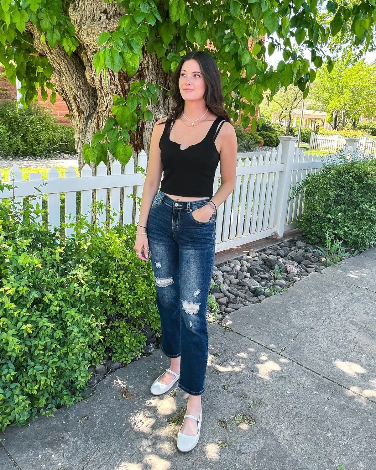 GRAPENT Jeans for Women High Waisted Distressed Straight Leg Ripped Jeans Stretchy Denim Pants Western Outfit 90s