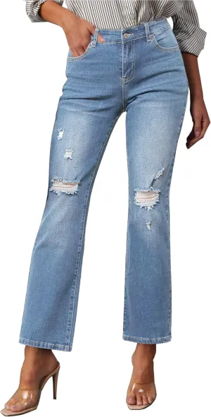 GRAPENT Jeans for Women High Waisted Distressed Straight Leg Ripped Jeans Stretchy Denim Pants Western Outfit 90s