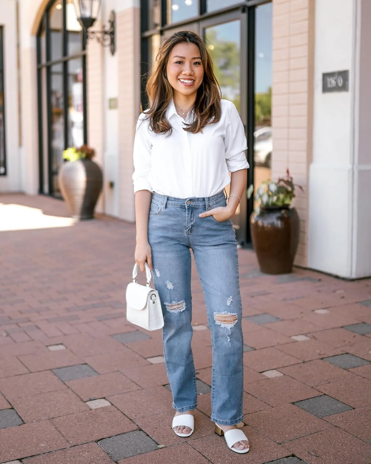 GRAPENT Jeans for Women High Waisted Distressed Straight Leg Ripped Jeans Stretchy Denim Pants Western Outfit 90s
