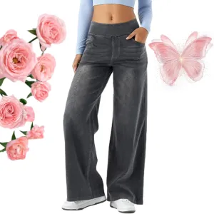 Grevela Pull Up Jeans, Grevela Stretch Jeans, High Waisted Multiple Pockets Wide Leg Washed Stretchy Knit Casual Jean