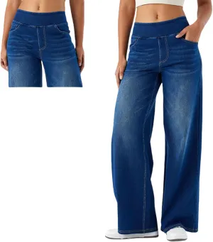 Grevela Pull up Jeans, Grevela Stretch Jeans High Waisted Multiple Pockets Wide Leg Washed Stretchy Knit Casual Pull on Jean