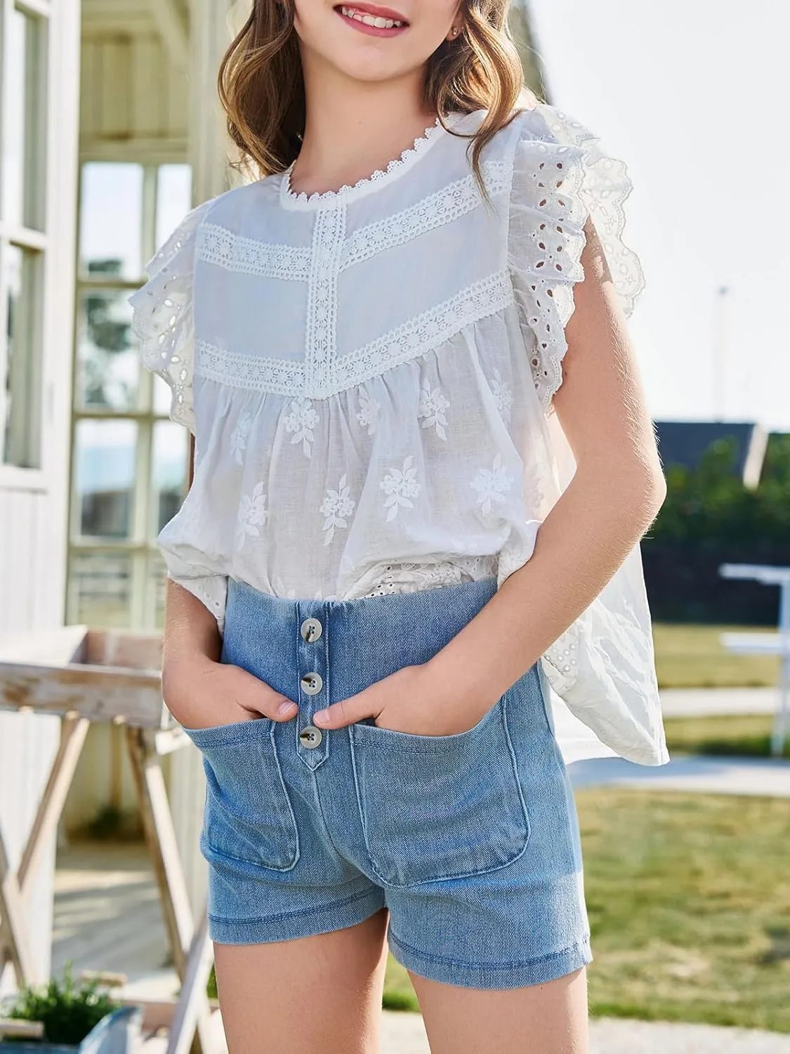 Haloumoning Girls Jean Shorts Kids Cute High Waist Shorts Button Summer Demin Shorts with Pockets 5-14 Years
