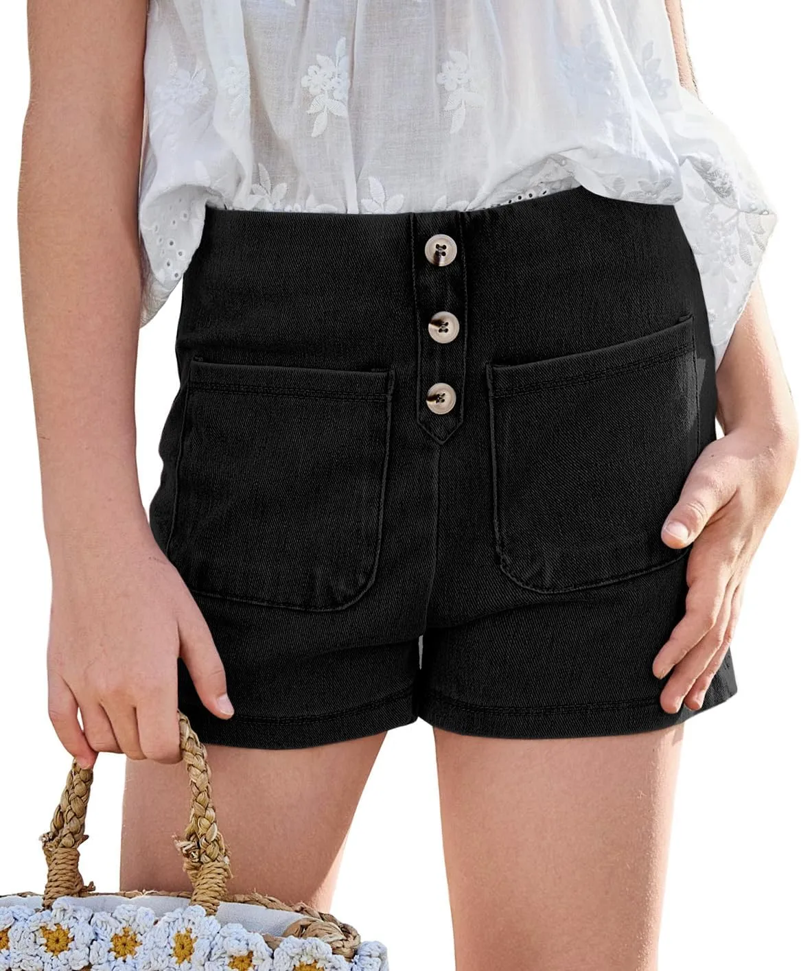 Haloumoning Girls Jean Shorts Kids Cute High Waist Shorts Button Summer Demin Shorts with Pockets 5-14 Years