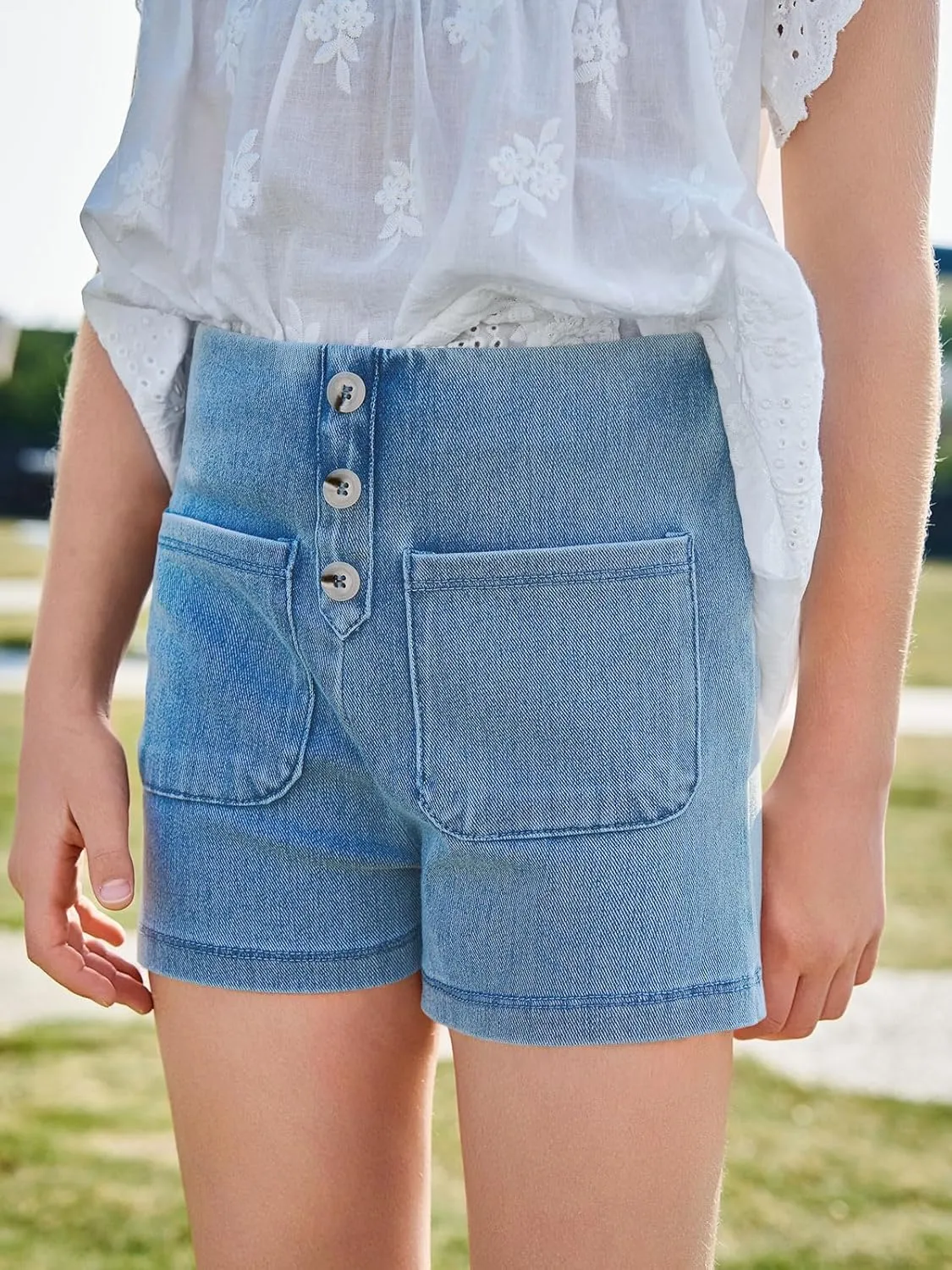Haloumoning Girls Jean Shorts Kids Cute High Waist Shorts Button Summer Demin Shorts with Pockets 5-14 Years