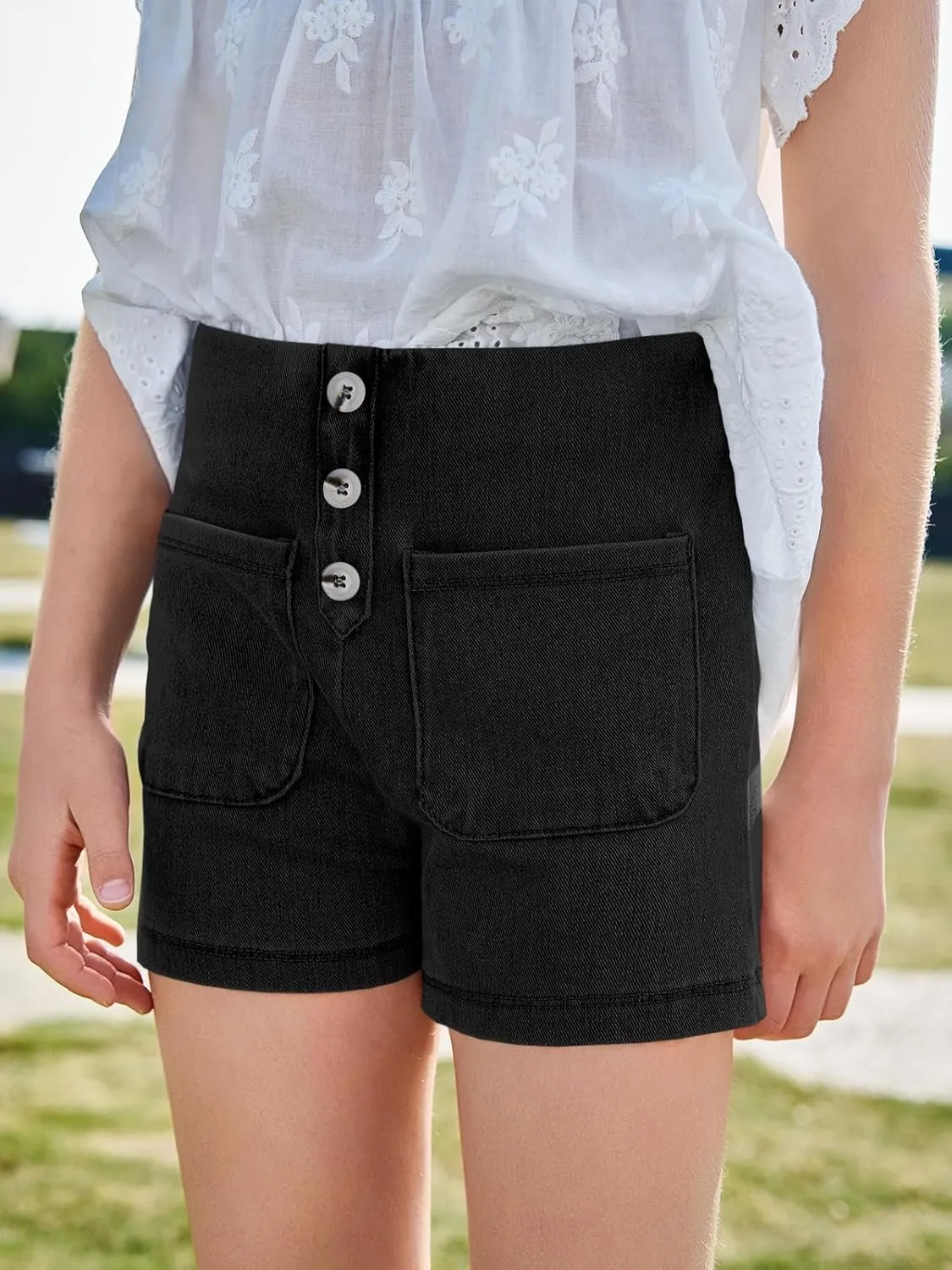 Haloumoning Girls Jean Shorts Kids Cute High Waist Shorts Button Summer Demin Shorts with Pockets 5-14 Years