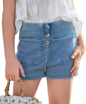 Haloumoning Girls Jean Shorts Kids Cute High Waist Shorts Button Summer Demin Shorts with Pockets 5-14 Years