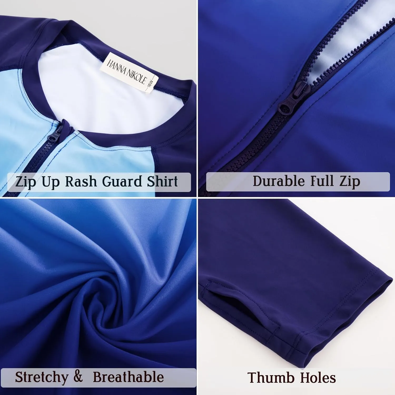 Hanna Nikole Women 3 Piece Rash Guard Long Sleeve Swimsuit Plus Size Modest Zipper UV Sun Protection Swim Shirt Shorts