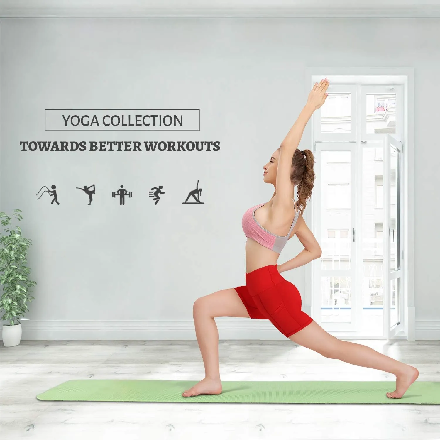 HISKYWIN 5"/8" Inseam High Waist Women Yoga Shorts Compression Exercise Workout Running Shorts Pockets