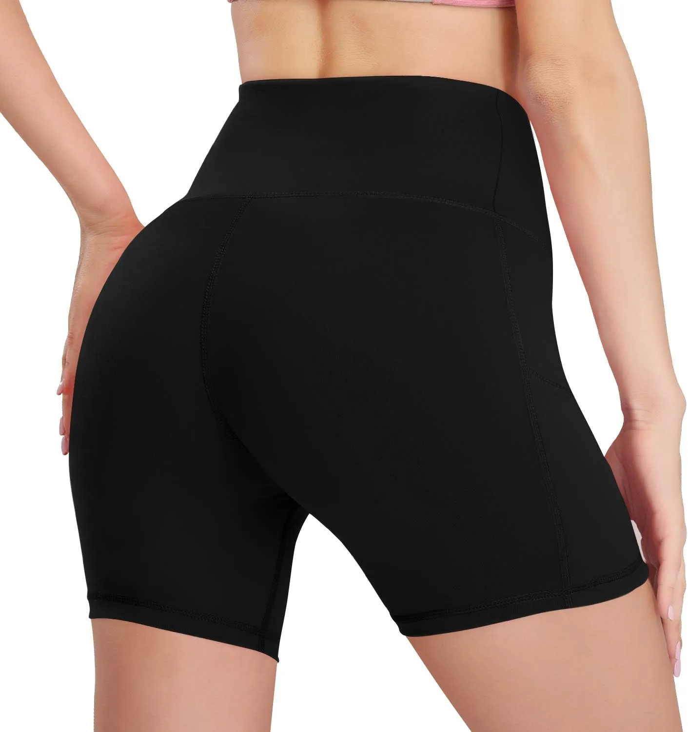 HISKYWIN 5"/8" Inseam High Waist Women Yoga Shorts Compression Exercise Workout Running Shorts Pockets