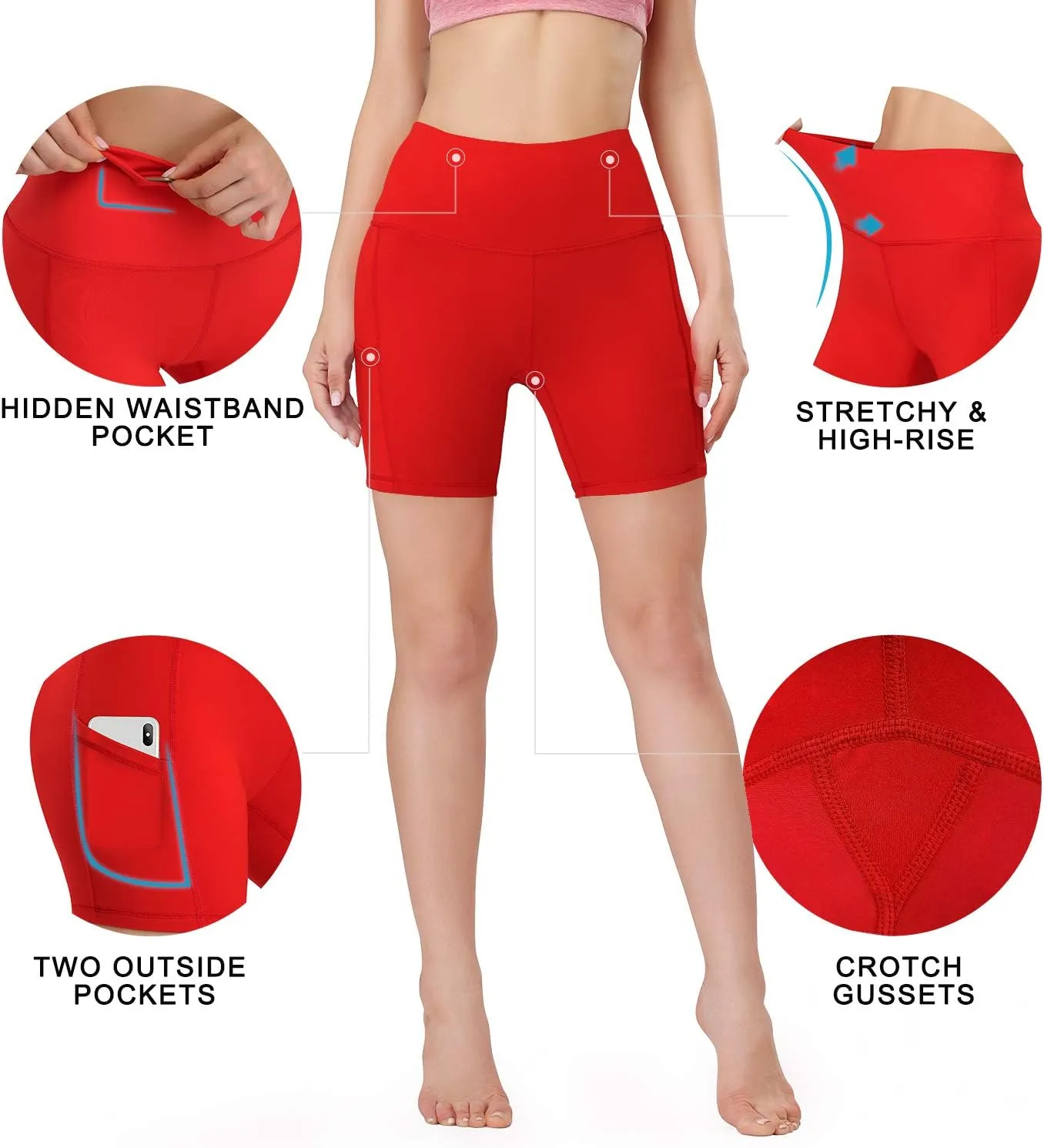 HISKYWIN 5"/8" Inseam High Waist Women Yoga Shorts Compression Exercise Workout Running Shorts Pockets