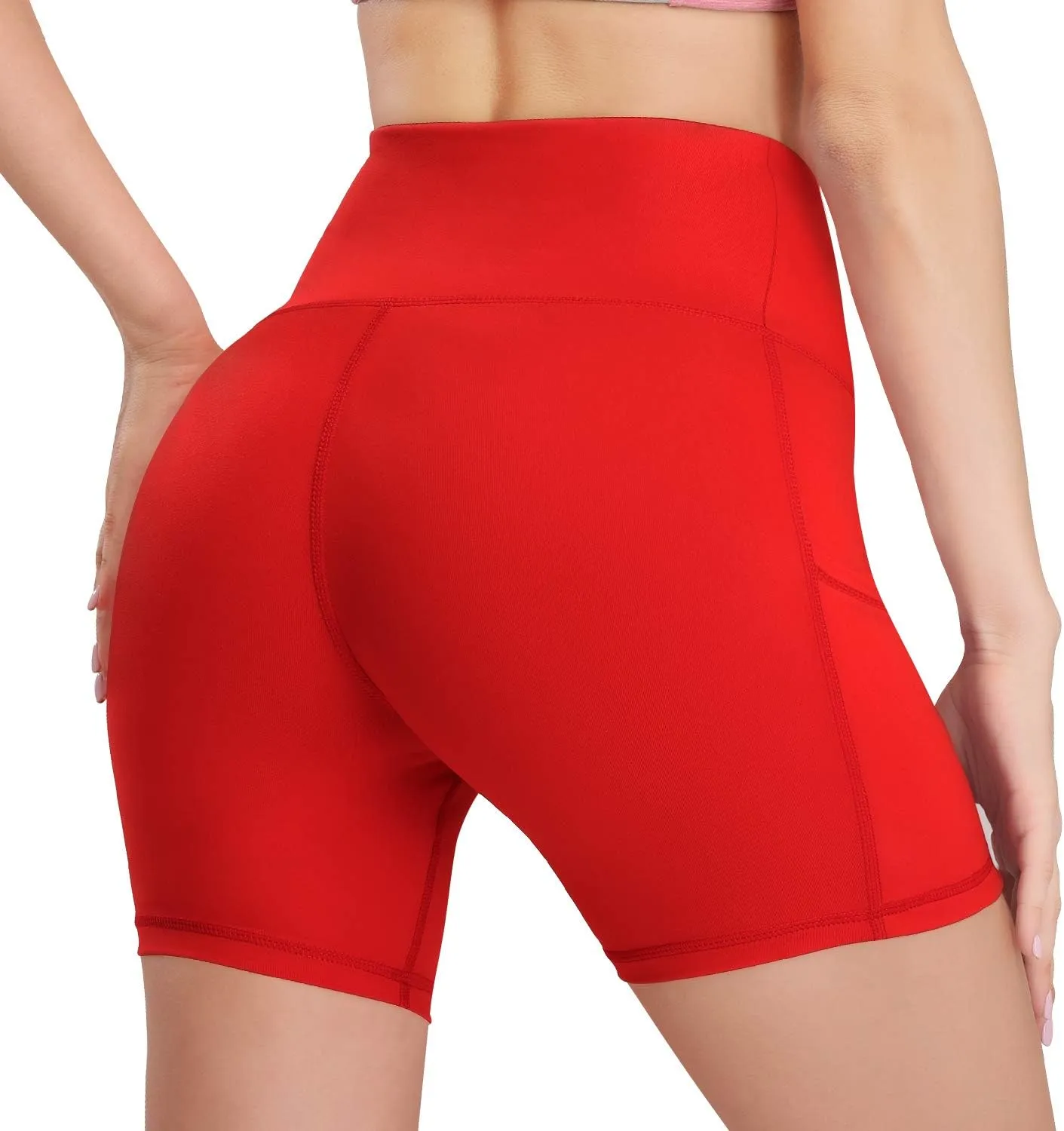 HISKYWIN 5"/8" Inseam High Waist Women Yoga Shorts Compression Exercise Workout Running Shorts Pockets