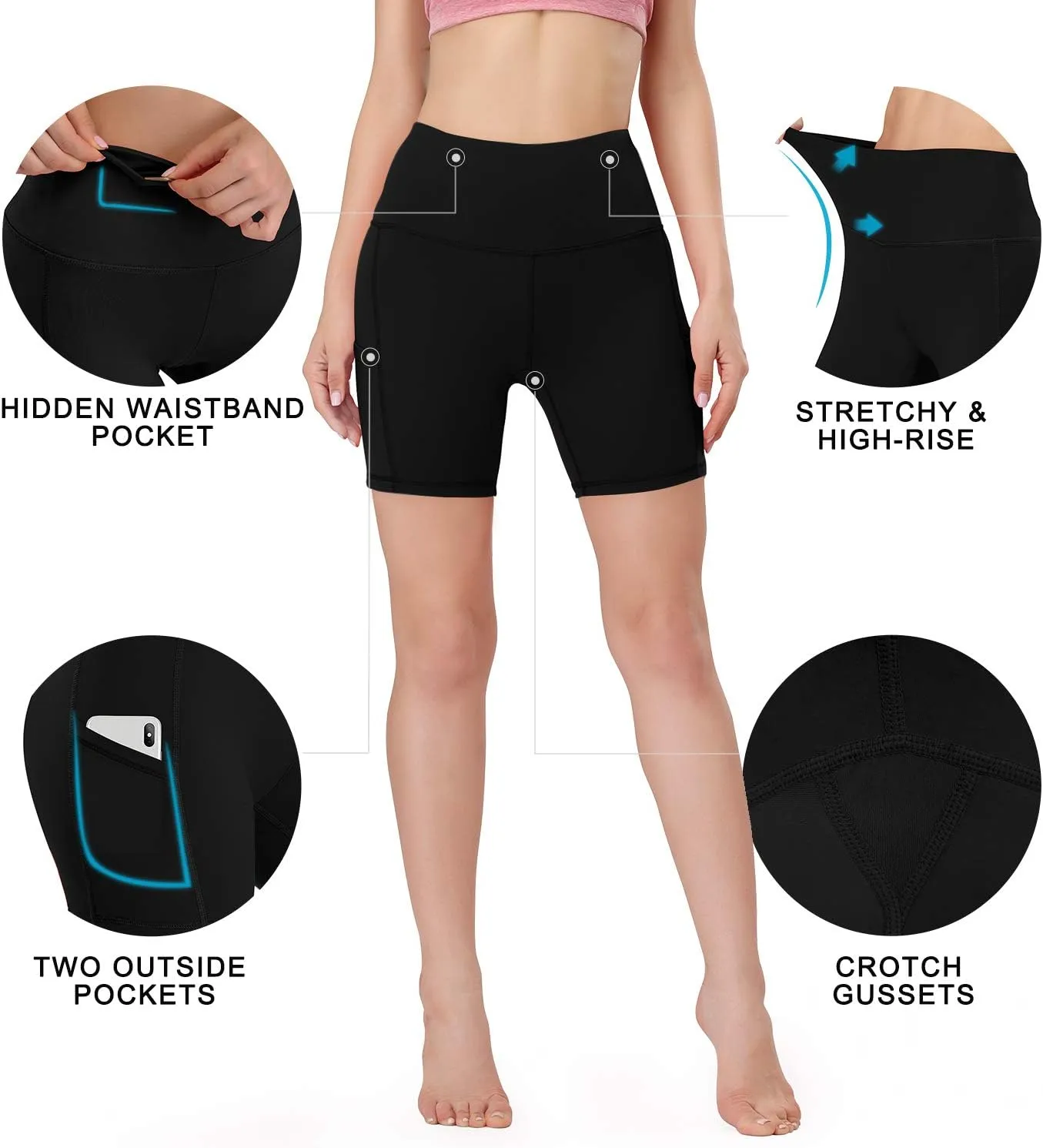 HISKYWIN 5"/8" Inseam High Waist Women Yoga Shorts Compression Exercise Workout Running Shorts Pockets