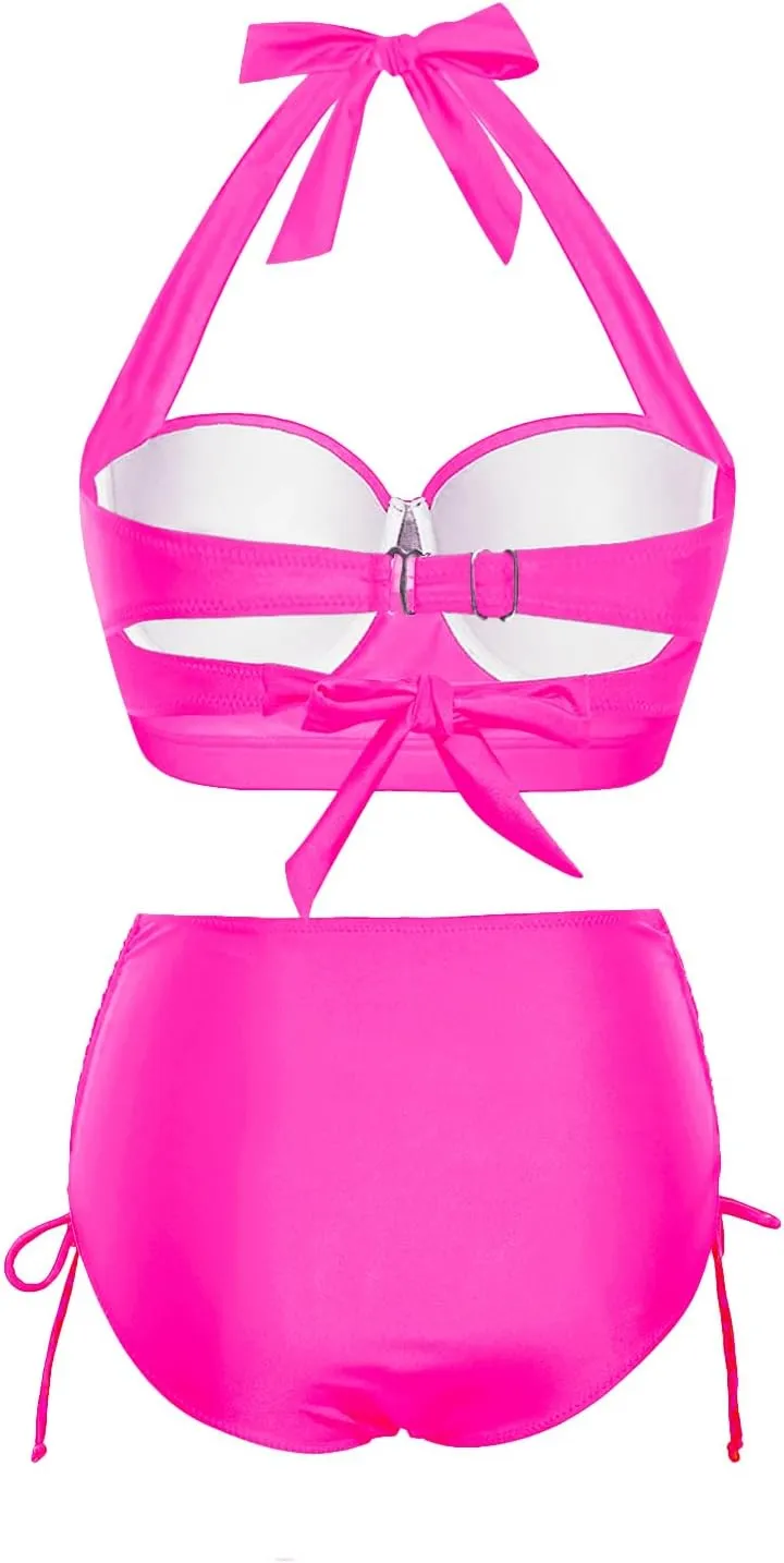 Holipick Women Two Piece Retro Swimsuit Halter Tummy Control High Waisted Bikini with Bottom