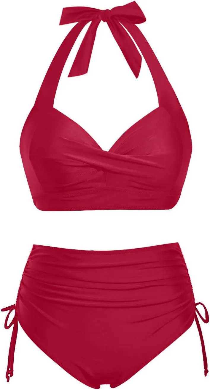 Holipick Women Two Piece Retro Swimsuit Halter Tummy Control High Waisted Bikini with Bottom