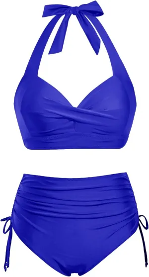 Holipick Women Two Piece Retro Swimsuit Halter Tummy Control High Waisted Bikini with Bottom