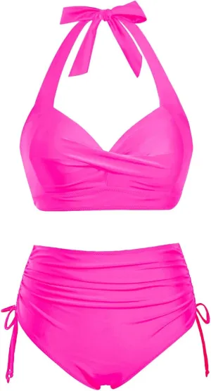 Holipick Women Two Piece Retro Swimsuit Halter Tummy Control High Waisted Bikini with Bottom